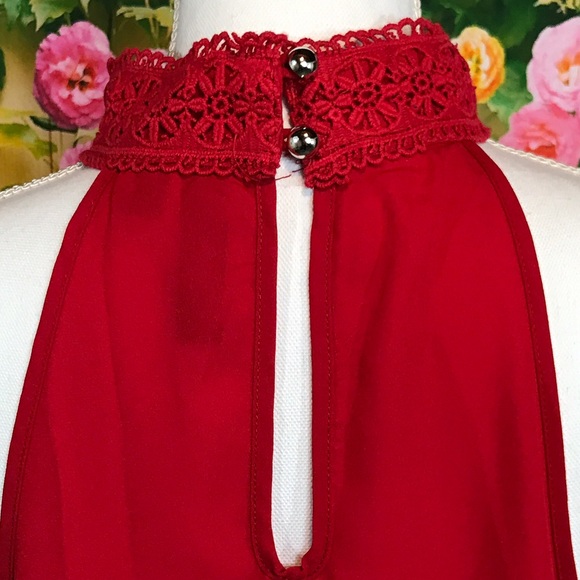 Red Flowy Top with Lace Neck Closure - Picture 5 of 8